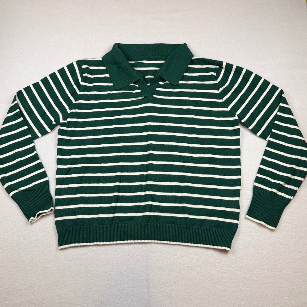 Dazy Kids XL Striped Knit Polo Sweater Green White Long Sleeve V-Neck Top